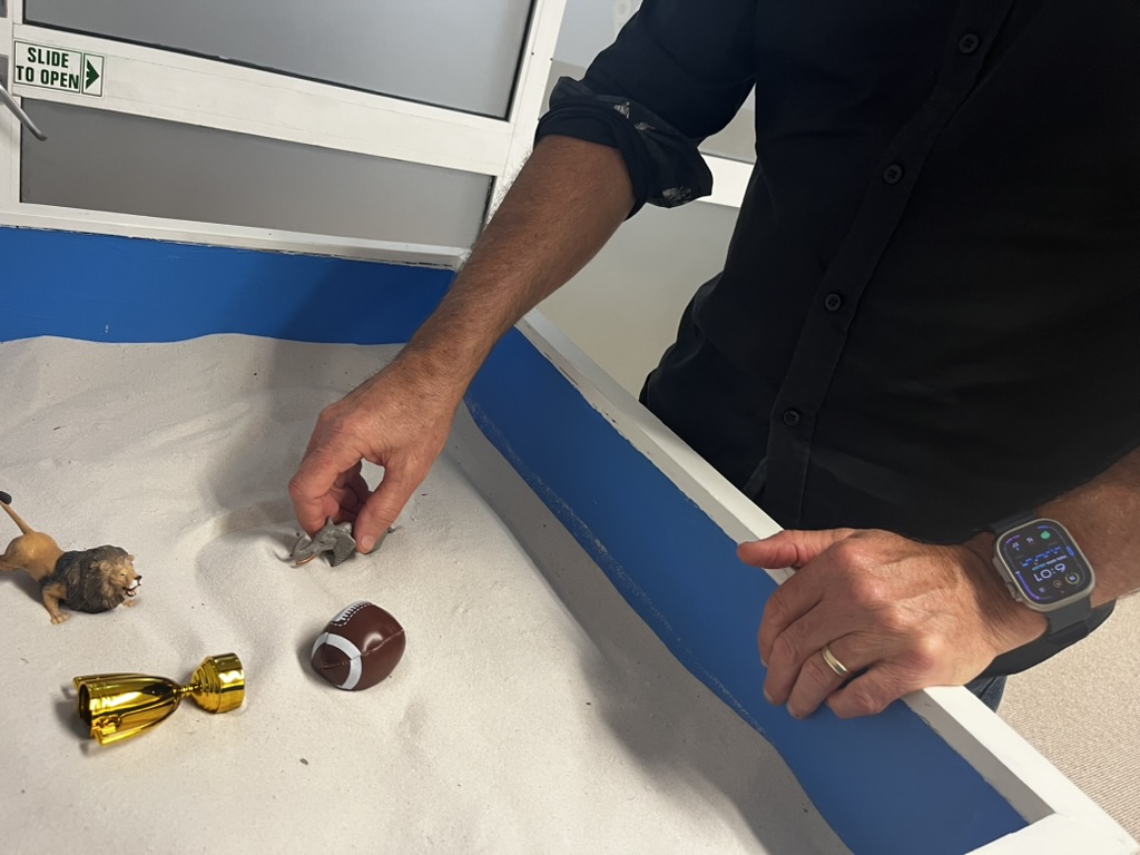 Sand tray and miniatures used in sandplay therapy